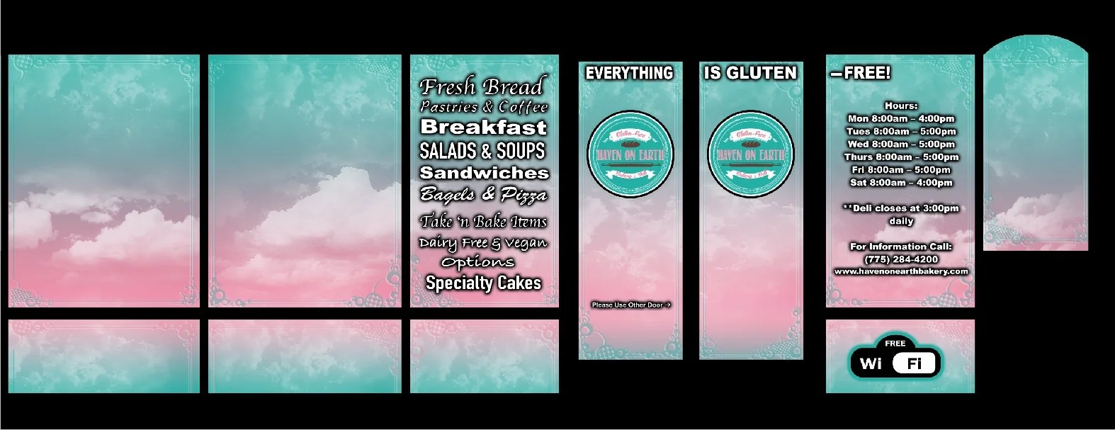 Menu board with a pastel sky background displaying bakery hours, services, and contact information, with icons for free Wi-Fi and gluten-free options.