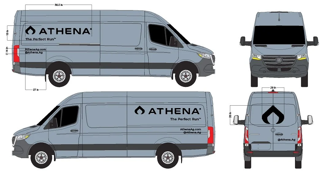 Blueprint design of a delivery van, showing side, front, rear, and top views with dimensions and the 'ATHENA' logo and website on the sides and back.