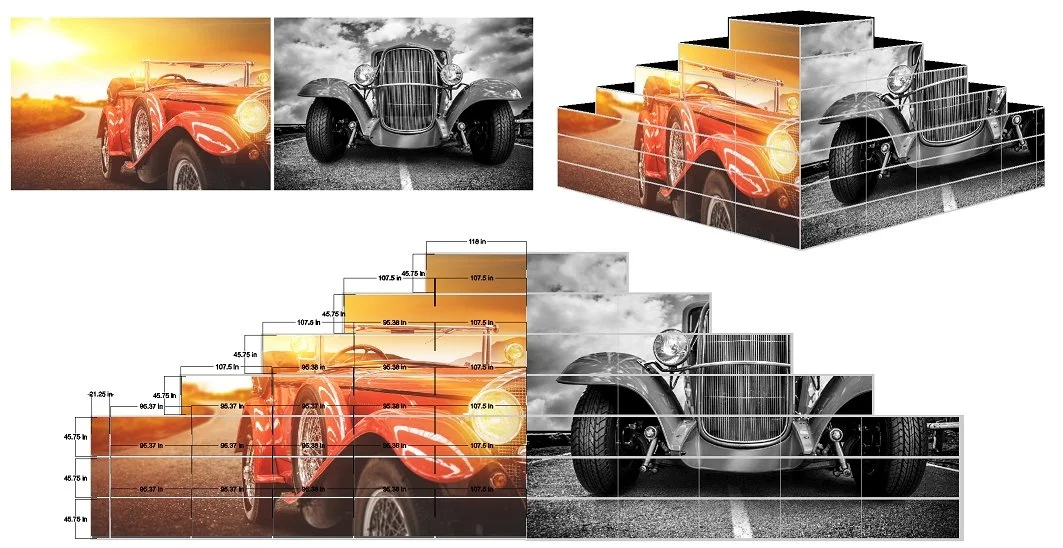 Collage of vintage cars, combining color and black-and-white images with stacked and overlaid designs, including a red convertible and an old-fashioned gray car.