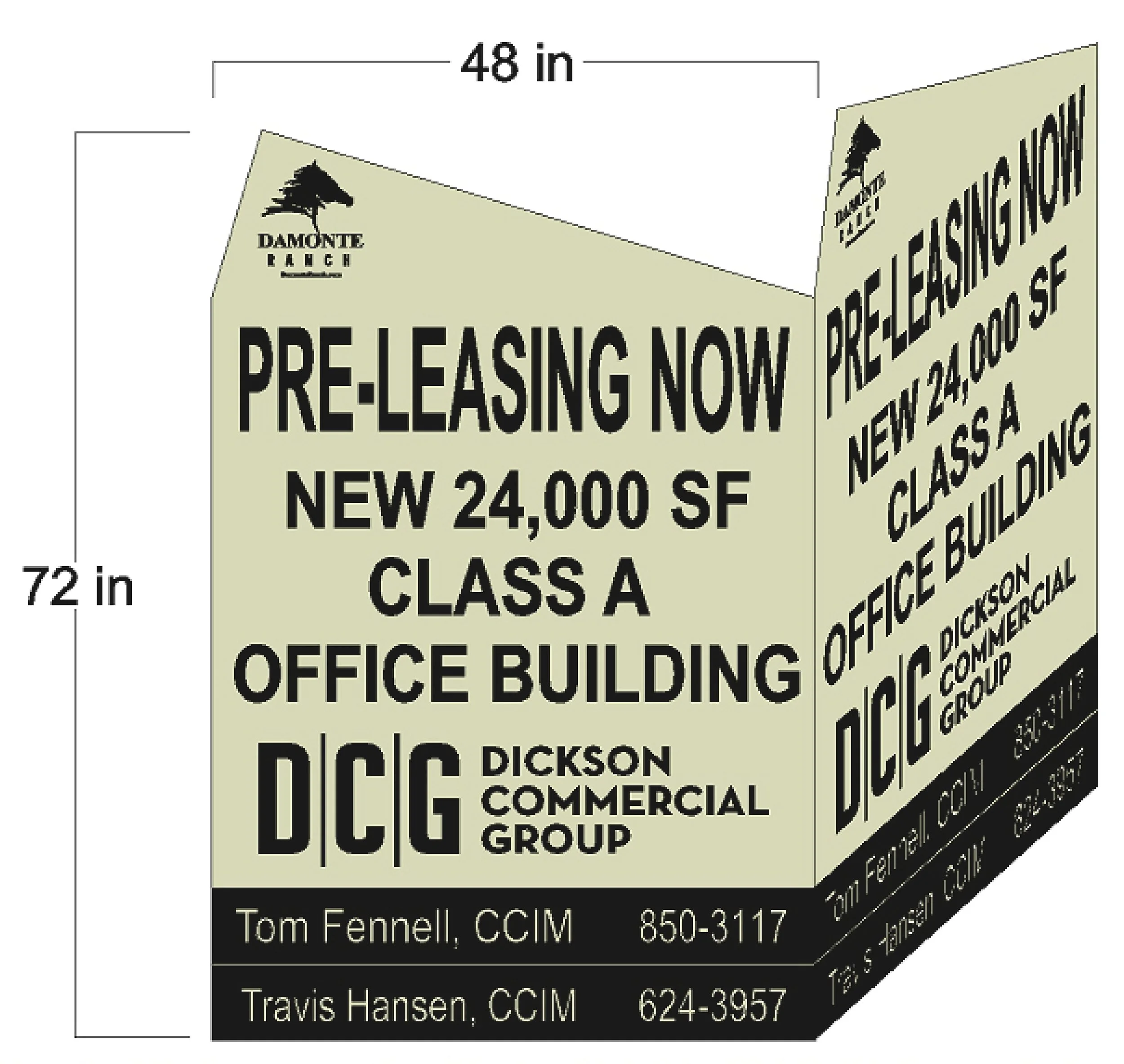A three-dimensional sign with details about a pre-leasing office building, including size, location, and contact information.