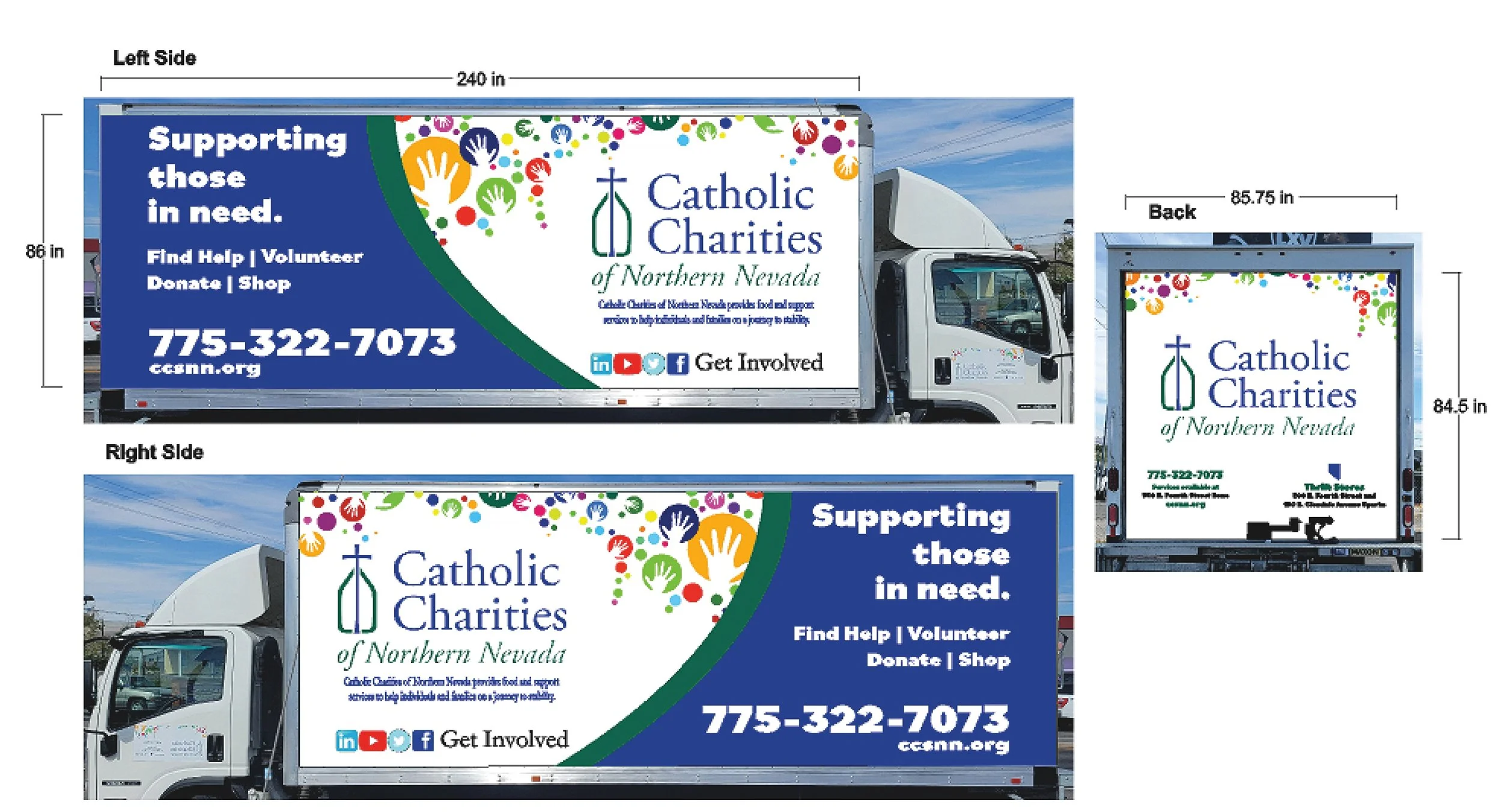 Side and back views of a mobile charity truck with colorful design and logo for Catholic Charities of Northern Nevada, displaying contact information and social media icons.