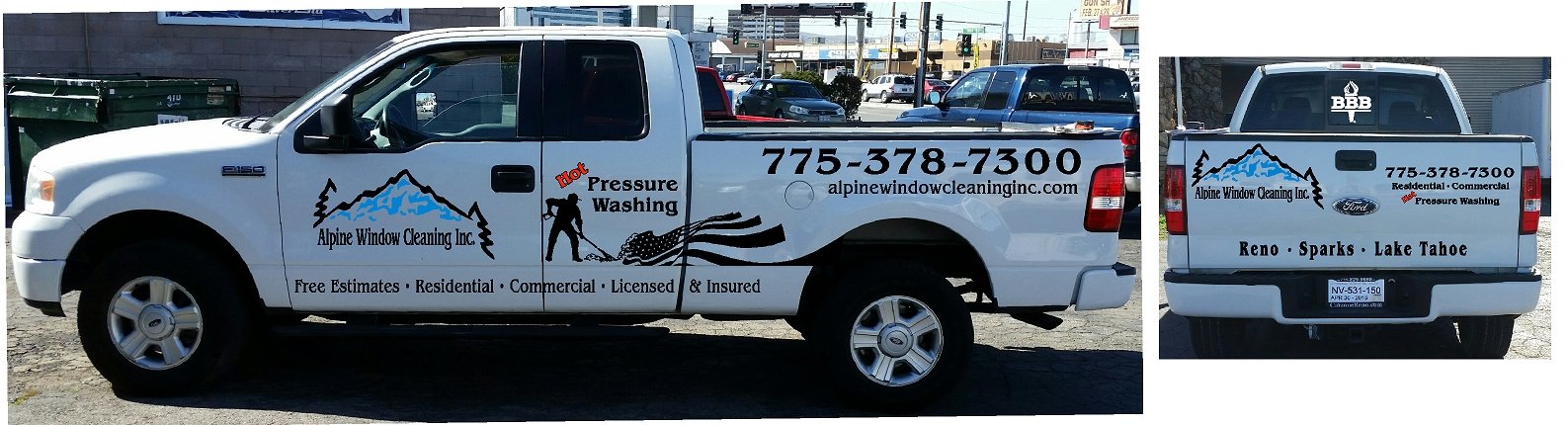 White pickup truck with advertising for Alpine Window Cleaning Inc., featuring a mountain and tree logo, a worker with a hose, and contact information. The back of the truck displays the company name, service areas, and phone number.