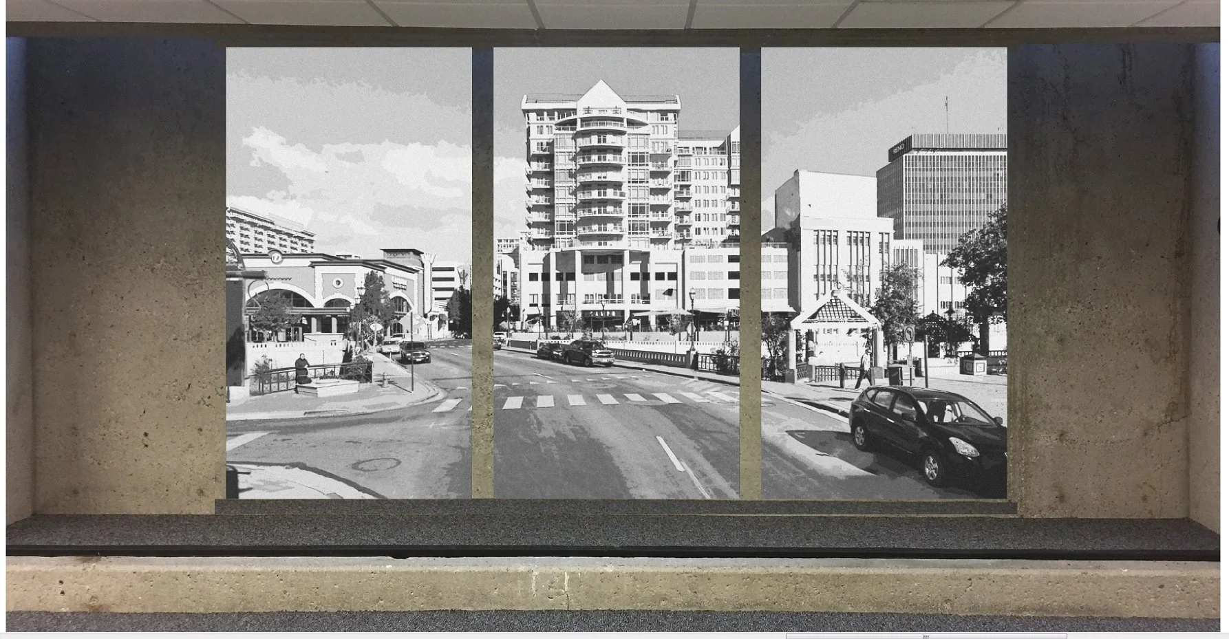 A triptych artwork of a city street scene with cars, building facades, and pedestrians in a grayscale style.