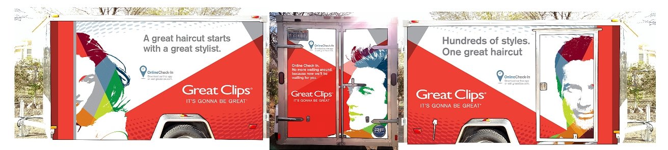 Three views of a red and white truck advertising Great Clips haircuts, featuring stylized illustrations of people with various hairstyles and text promoting the salon chain.