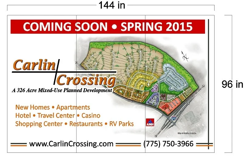 Map of Carlin Crossing, a planned mixed-use development project in Spring 2015, showing areas for new homes, apartments, hotels, travel centers, casinos, shopping centers, restaurants, and RV parks, with a website and phone number listed.