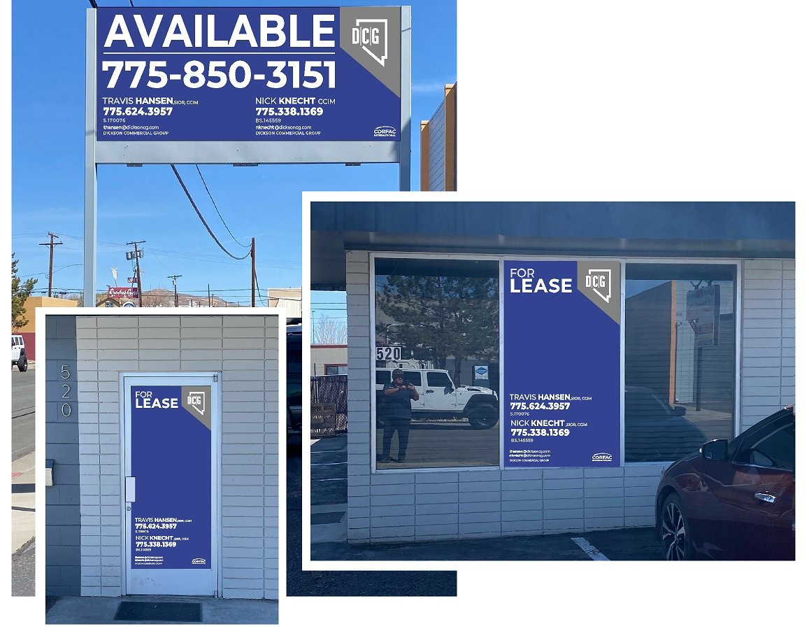 Large blue and white sign displaying contact information for leasing, with the word "AVAILABLE" at the top, and a smaller blue sign on the building's window and door with details for lease.