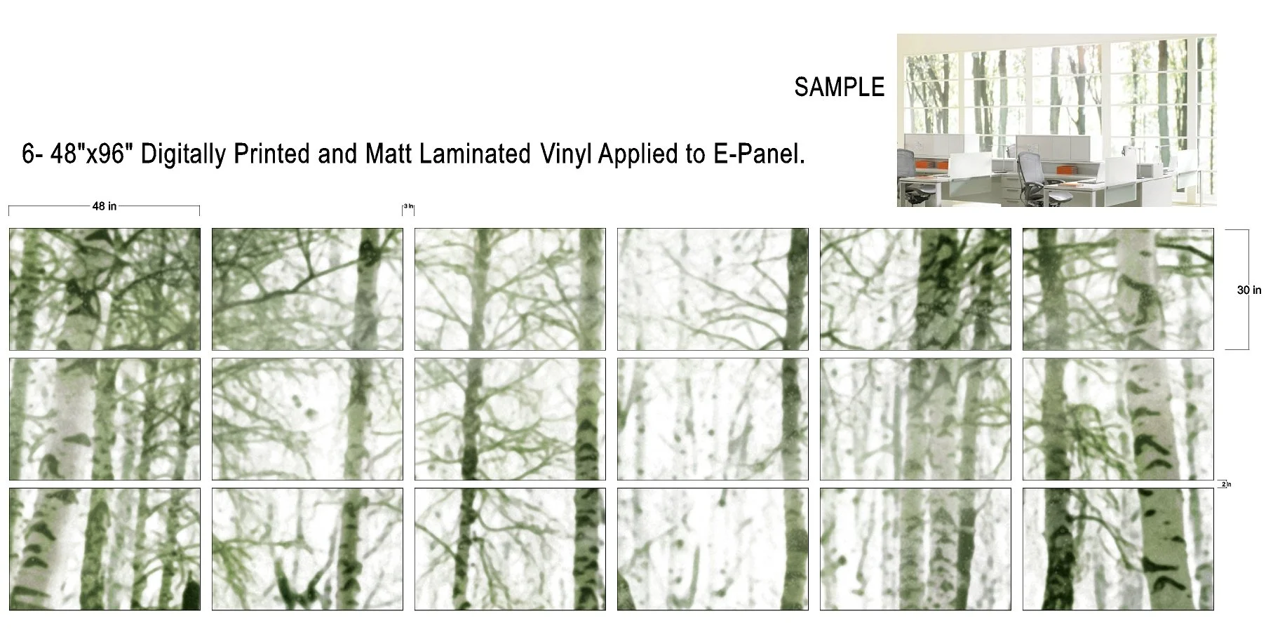 Sample design showing six 48-inch by 96-inch digitally printed and matte laminated vinyl panels with a tree forest pattern, labeled as a sample for an e-panel.