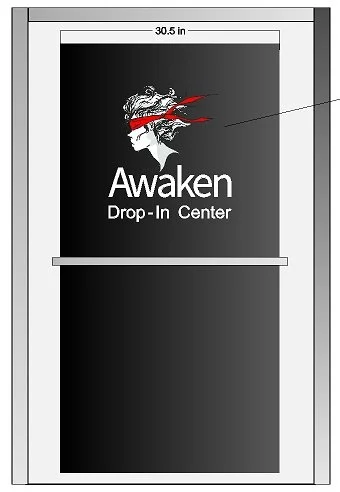 Sign for Awaken Drop-In Center with logo of a stylized face with flowing hair and a red streak across the eyes, elite size 30.5 inches.