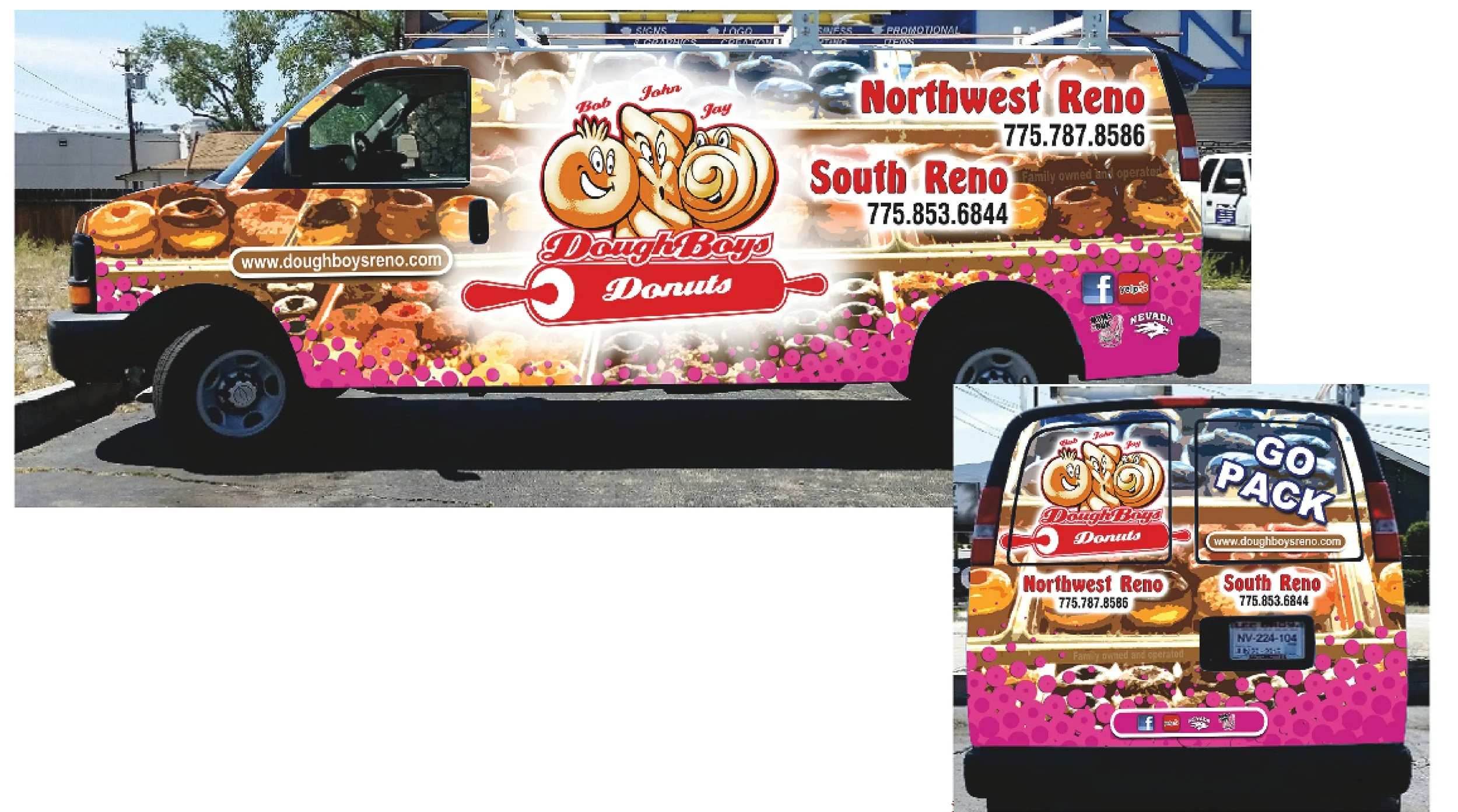 Decorated van advertising Dough Boys Donuts with images of donuts, featuring the business name, locations in Northwest Reno and South Reno with phone numbers, social media icons, and a website URL.