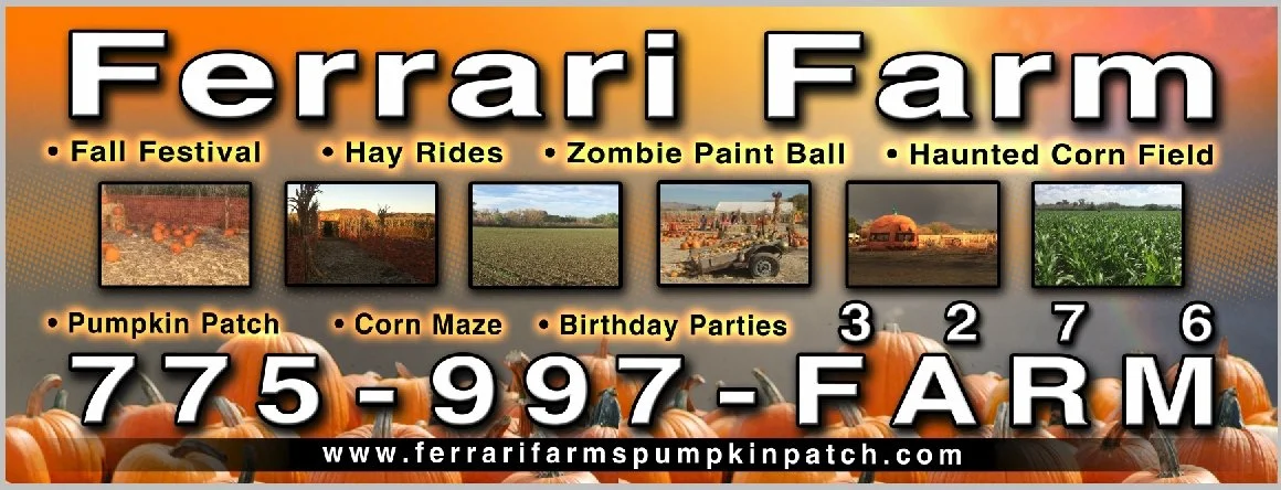 Promotion for Ferrari Farm Pumpkin Patch with fall festival activities and contact information.