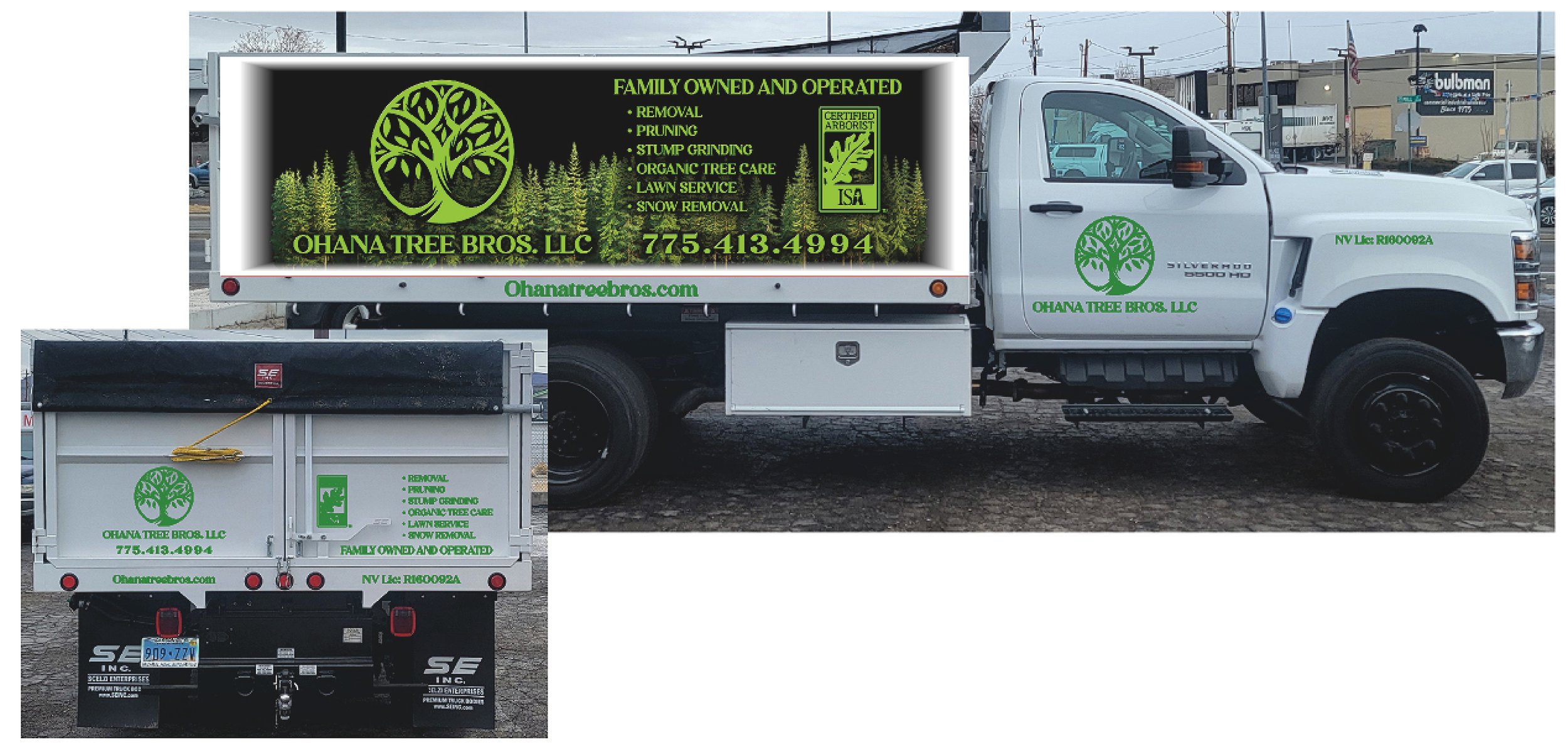 A white service truck with green lettering and logos advertising Ohana Tree Bros LLC, a tree care and removal service. The signage indicates the company offers removal, pruning, stump grinding, organic tree care, lawn service, and snow removal. The t