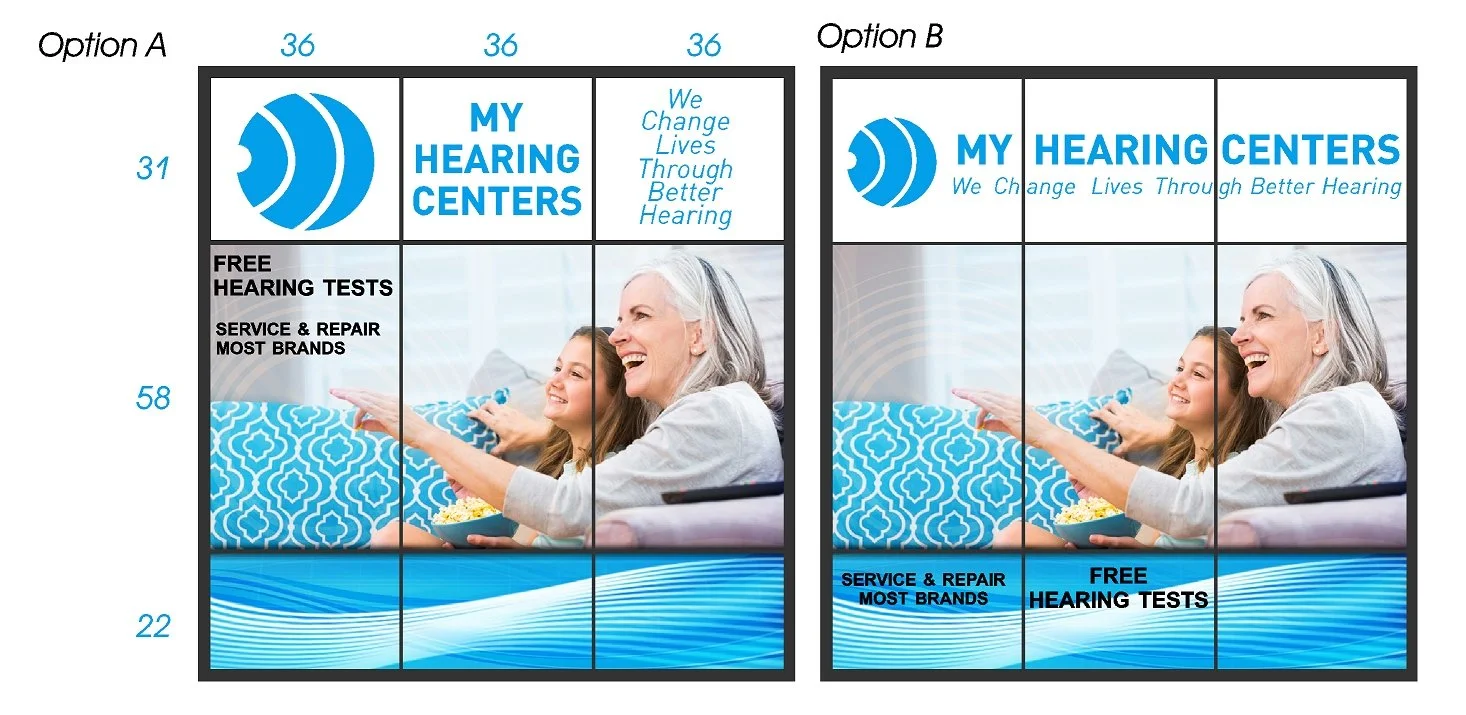 Side-by-side comparison flyers for 'My Hearing Centers' showing a woman and a girl smiling and enjoying popcorn on a blue patterned couch. The flyers highlight services like free hearing tests, device repair, and brand service, with options A and B a