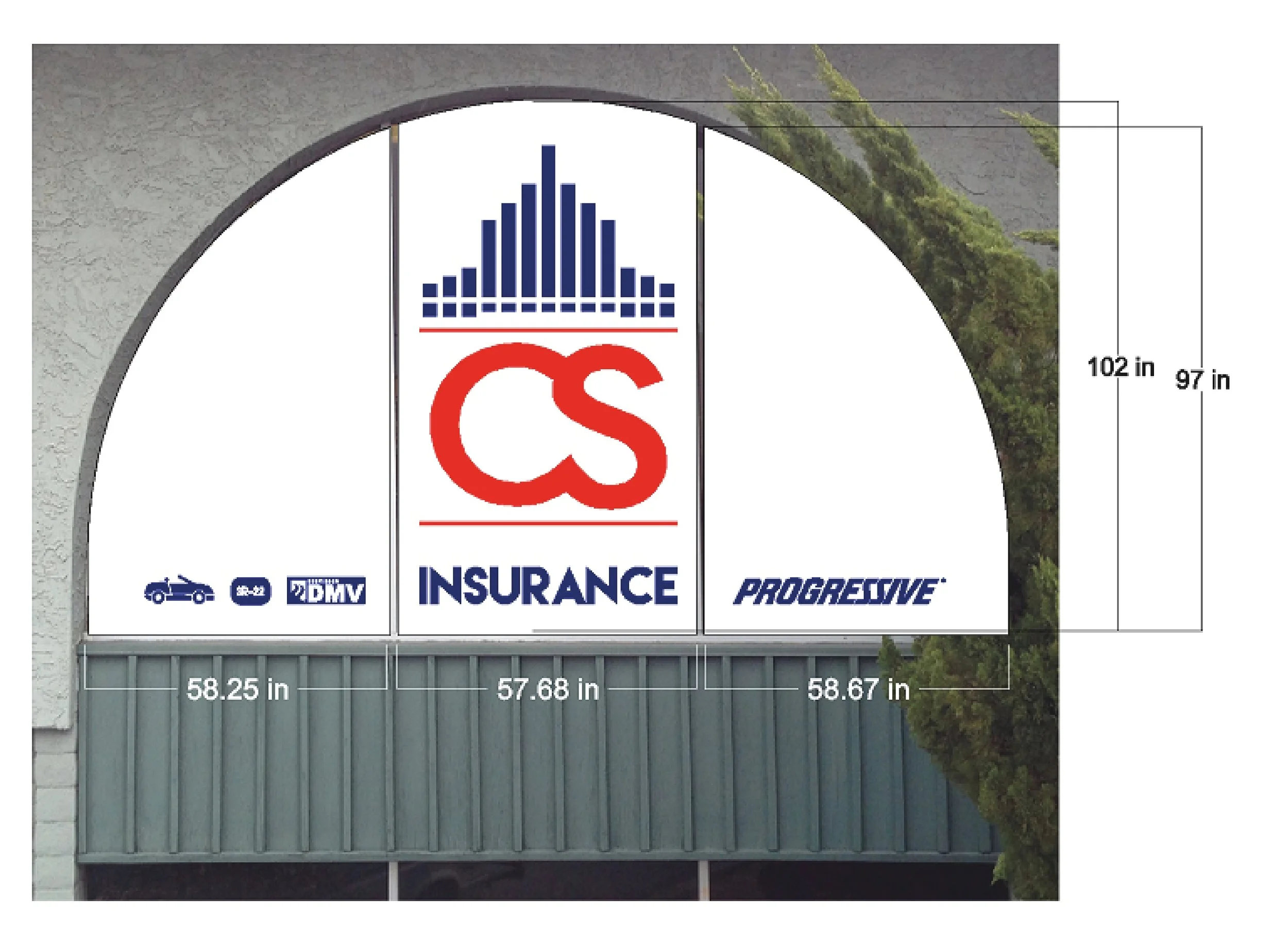 A large semi-circular sign with insurance company logos and text, mounted on a building with a textured wall and a green treetop partially visible on the right, with dimensions marked around it.
