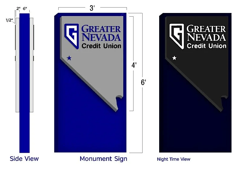 A monument sign for Greater Nevada Credit Union, showing front and night time views. Measurements and a side view are also included, with the sign dimensions being 3 feet wide and 6 feet tall.
