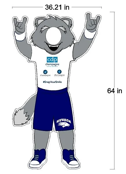 Cartoon fox mascot wearing a blue and white sports outfit with logos, including 'Nevada' on the shorts, making rock hand gestures, measuring approximately 36.21 inches wide and 64 inches tall.