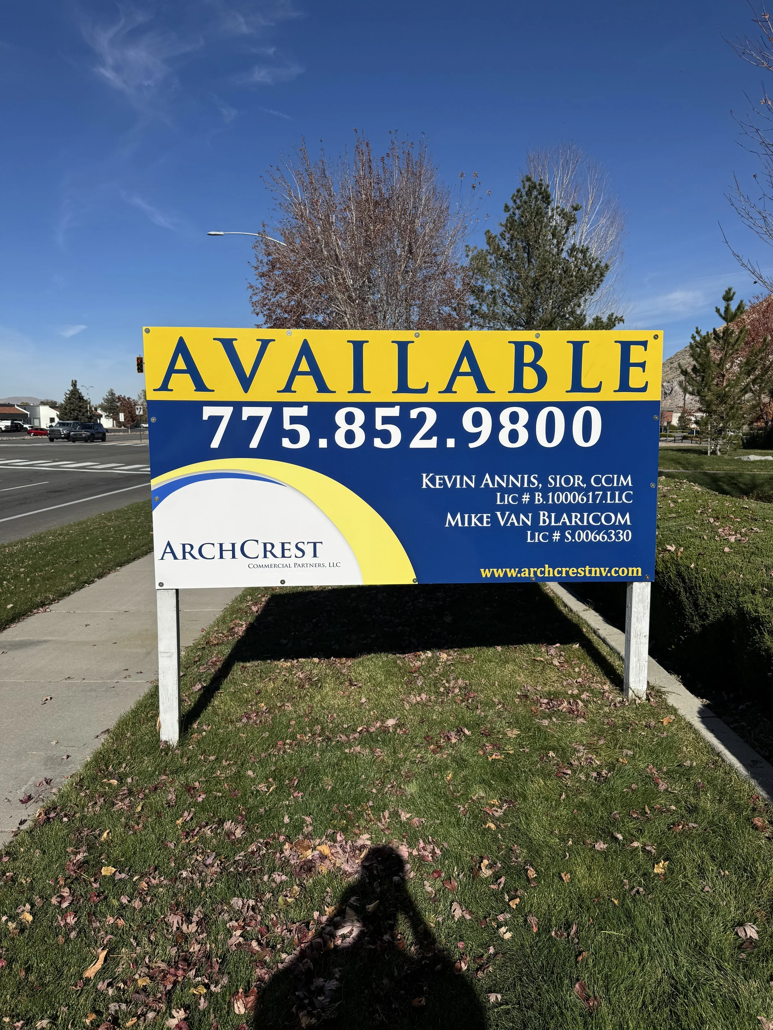 A large outdoor sign with a blue and yellow design advertising real estate availability, displaying a phone number, website, and realtor information, located beside a sidewalk on a grassy area.