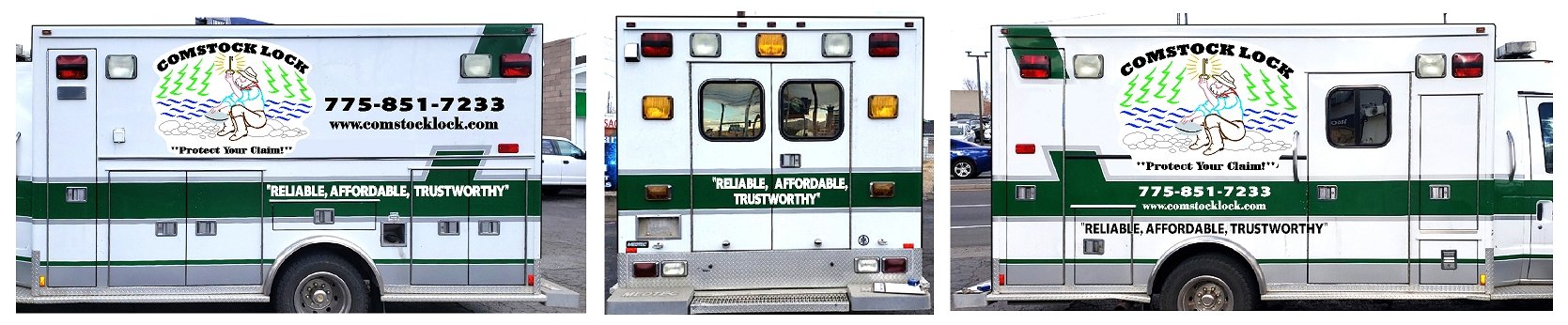 The image shows three views of a white Comstock Lock ambulance with green stripes and a logo of a woman kneeling in water with trees and waves in the background. The logo includes contact information and the slogan 'Protect Your Claim!'. The ambulanc
