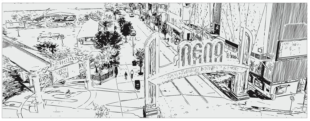 Sketch of a city street scene with buildings, trees, pedestrians, and parked cars, featuring a large sign that reads 'RENO'.
