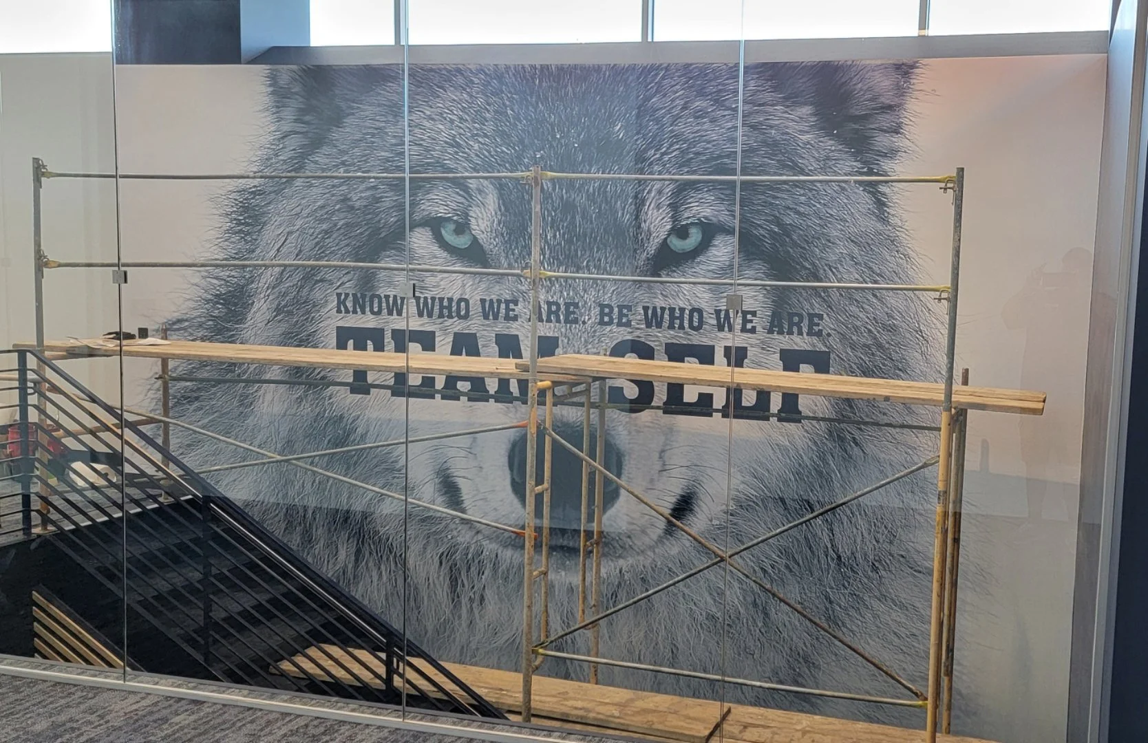 Wall mural of a wolf with the text 'Know who we are. Be who we are. We are steadfast.' surrounded by scaffolding in an indoor setting.