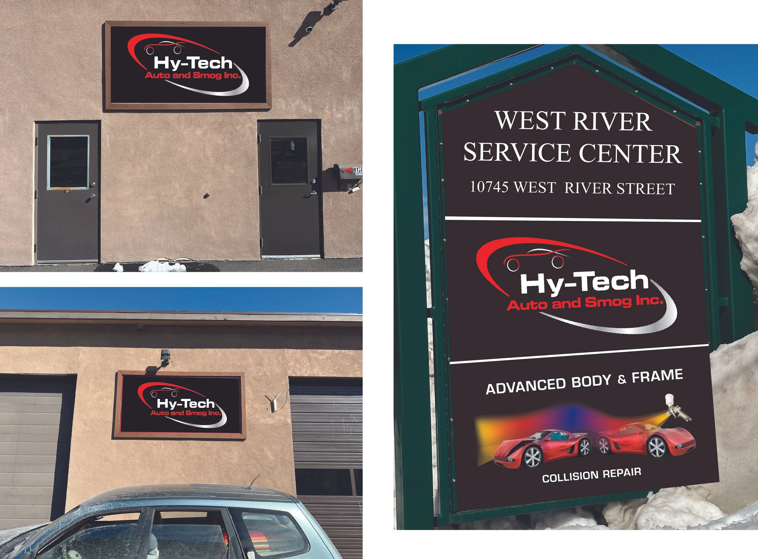 Signage for Hy-Tech Auto and Smog Inc. at 10745 West River Street, featuring automotive services including collision repair, with images of red sports cars and a spray paint gun.