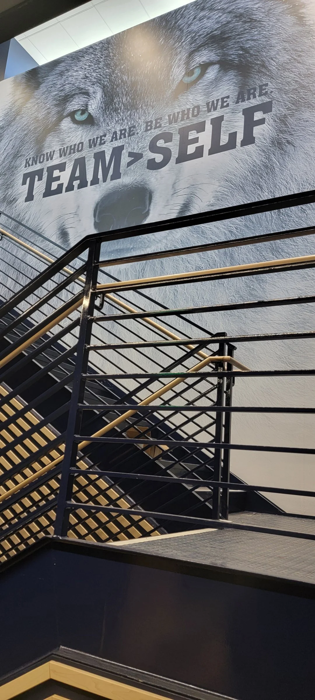 A large poster of a wolf's face with the motivational quote: 'Know who we are, be who we are, team   self.' The poster is located on an upper wall near a staircase with black rails and gold accents.