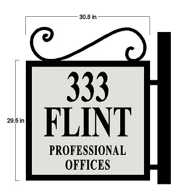 Sign for 333 Flint Professional Offices with dimensions, black and white design, and decorative scrollwork on top.