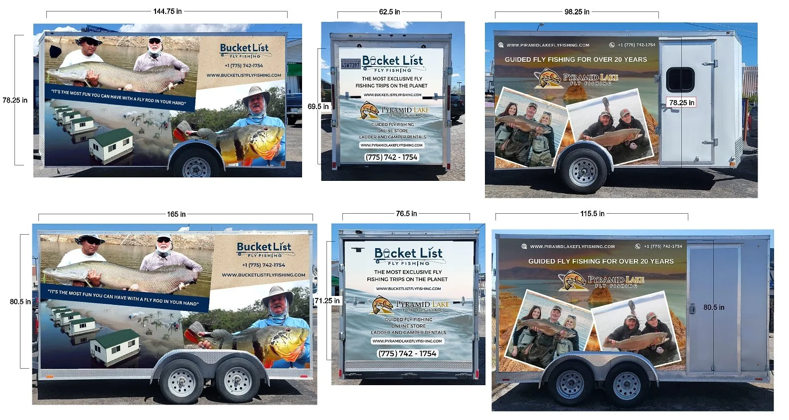 Six different views of fishing trailers and signs for Pyramid Lake Fly Fishing, showing fishing guides, people holding fish, fishing gear, and promotional text about fly fishing services and trips, with dimensions marked.