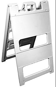 A portable white A-frame sidewalk sign with a blank panel for signage.