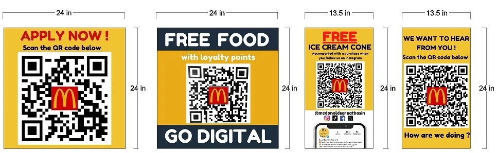 Four McDonald's promotional panels with QR codes. The first offers an apply now deal; the second promotes free food with loyalty points; the third advertises free ice cream cones with Instagram follow; the fourth invites customer feedback.