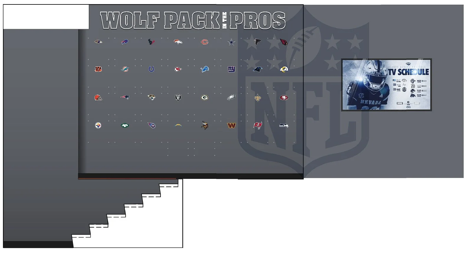 A display of NFL team logos titled "Wolf Pack of the Pros" with a TV schedule for Nevada football. The logos are arranged on a dark gray background with a large NFL shield logo fading into the background. To the right, a TV screen shows a Nevada foot