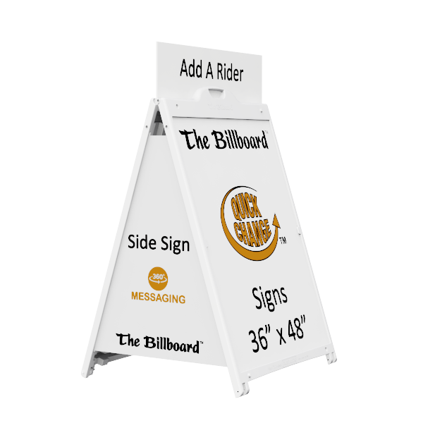 A white A-frame sidewalk sign displaying advertising and informational text for a company called "The Billboard" with a logo "Quick Change" and mentioning signs sized 36" x 48".