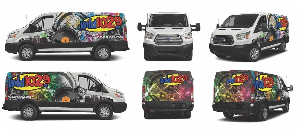 Designs of a promotional van for Wild 102.9 radio station, showing side and back views with colorful DJ-themed graphics and station logo.