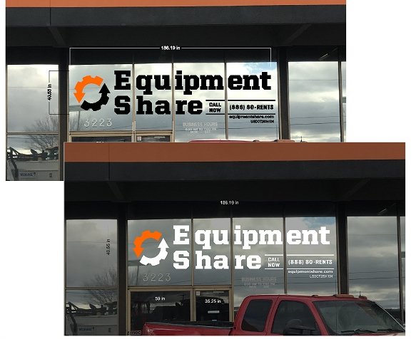 Sign for Equipment Share on a building, featuring the company logo, name, contact number, and website.