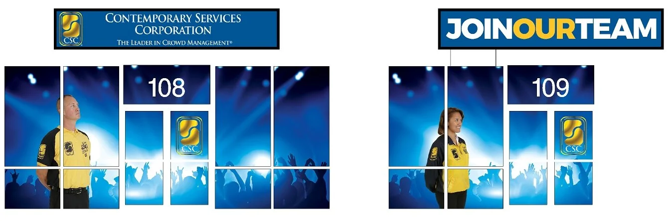A collage featuring two group images of people in yellow and black uniforms, a background of a concert or event with blue lighting, and text promoting 