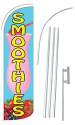 Colorful vertical sign reading 'SMOOTHIES' with fruit images, next to metal folding sign supports.