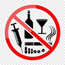 No drugs or alcohol allowed sign with syringe, bottle, cocktail glass, and pills inside a red circle with a line through it.