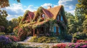 A cozy house covered with greenery and flowers, surrounded by trees and a garden.