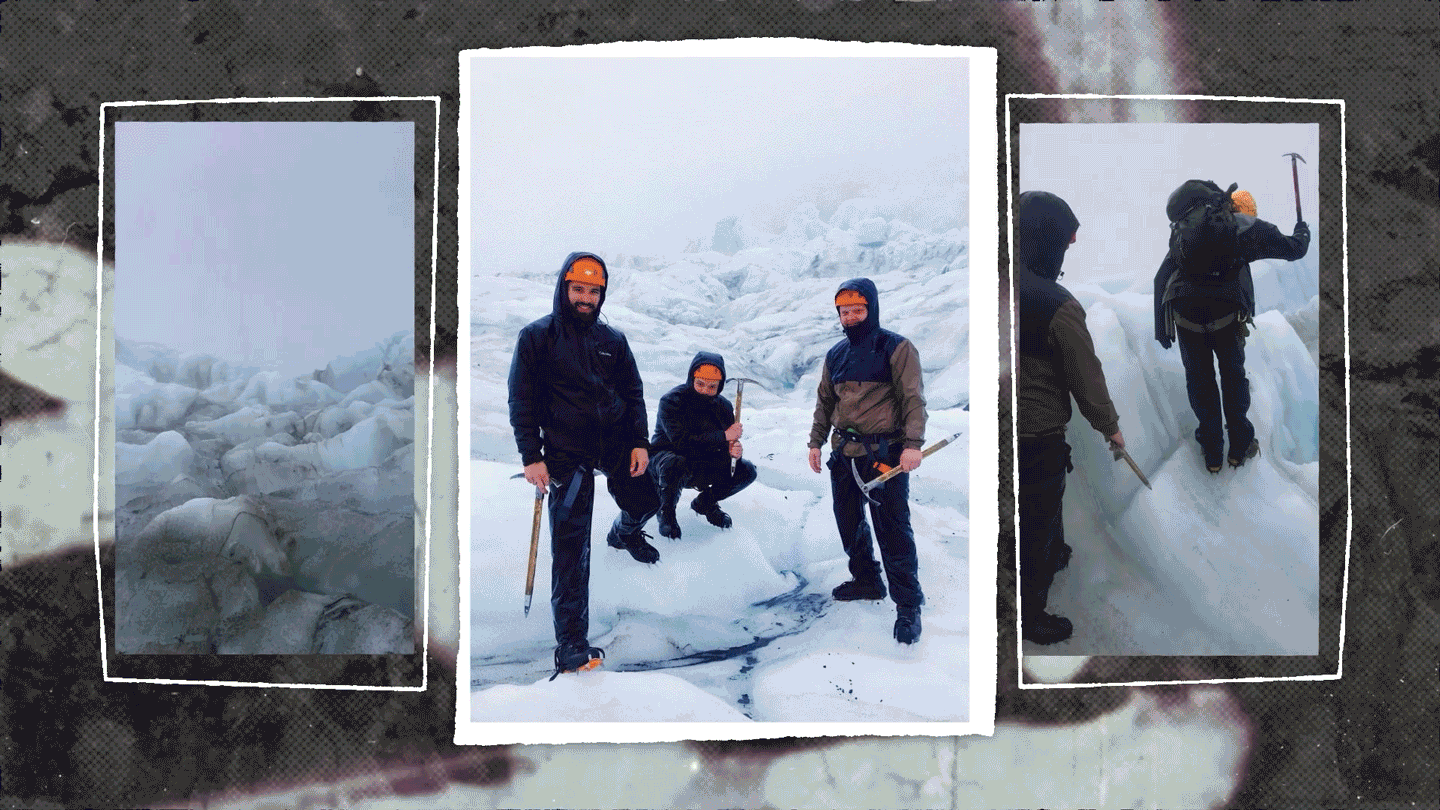 Three people ice climbing and exploring an icy glacier in a snowy, cold environment, with two additional images showing close-up views of the ice and glacier.