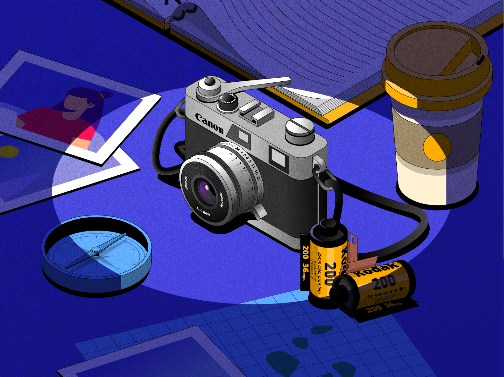 A digital illustration of a photography workspace with a Canon camera, film rolls, a disposable coffee cup, printed photographs, a grid sheet, a clock, and an open book on a blue surface.