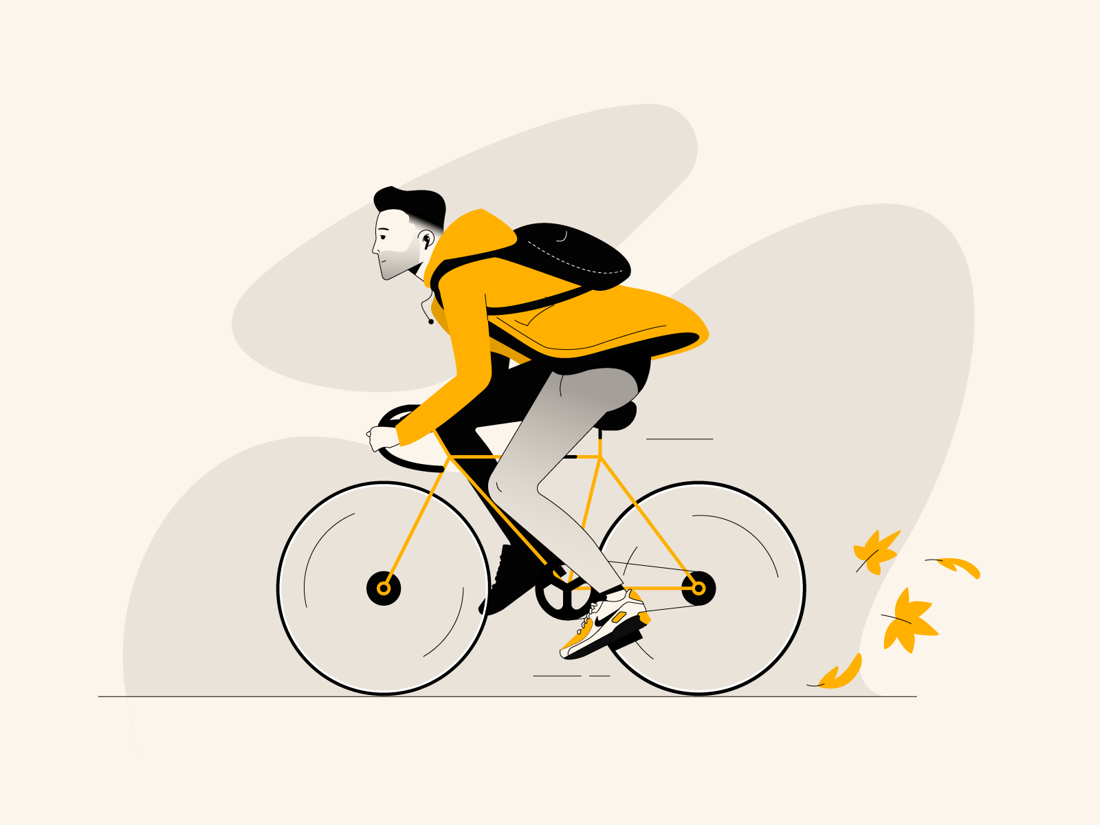Spot illustration depicting a person cycling through everyday life scenes as part of a personal illustration series.