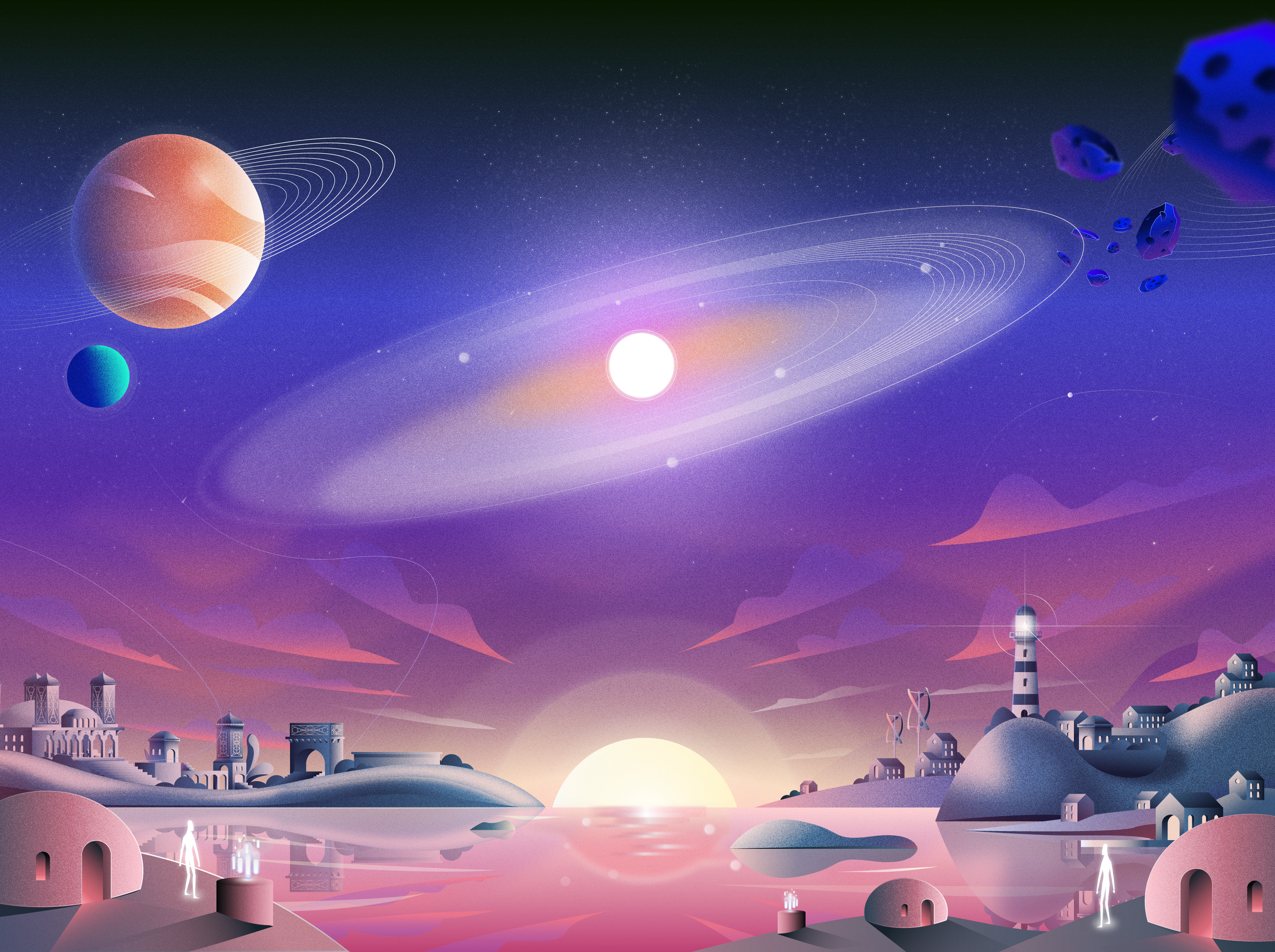 An artistic digital illustration of a surreal planetary landscape during sunset with futuristic houses, a lighthouse, floating rocks, planets, rings, and a bright sun in the sky.
