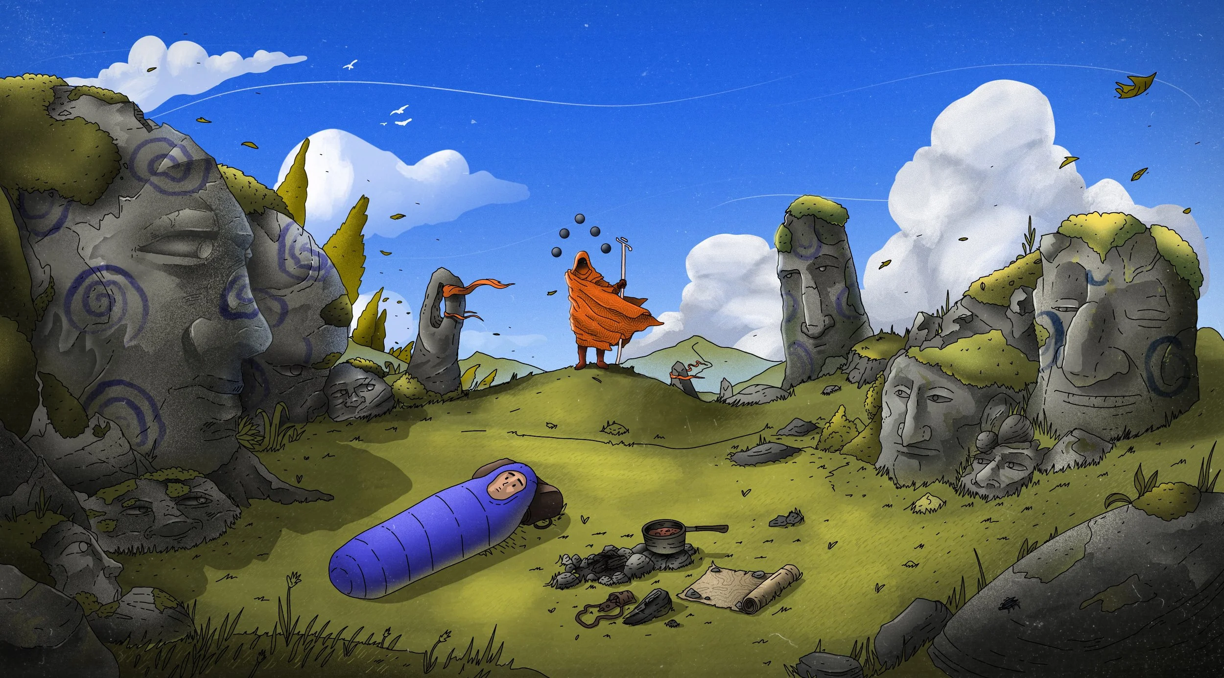 A cartoon depiction of Mount Rushmore with a person dressed as a monk meditating on a hill, surrounded by large carved stone faces with swirling patterns, clouds, and a clear blue sky.