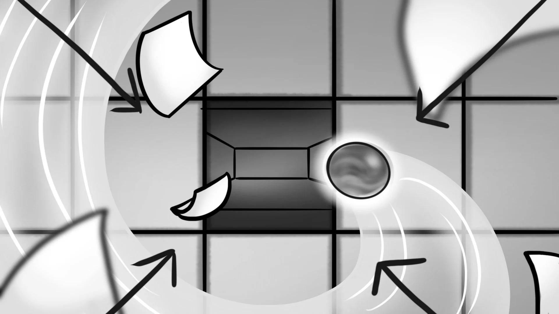 A grayscale illustration showing a board game with an arrow pointing to a circular space, surrounded by other spaces and arrows indicating movement.