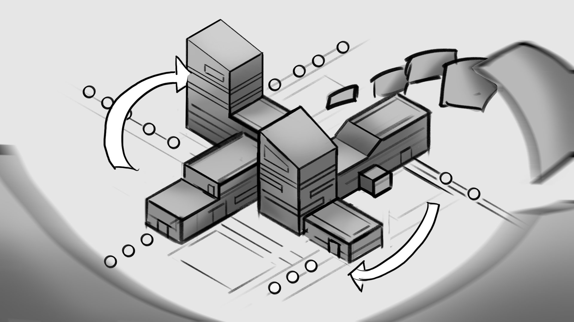 A black and white sketch of a modern architectural design with multiple interconnected buildings, featuring various geometric shapes and arrows indicating movement or flow.