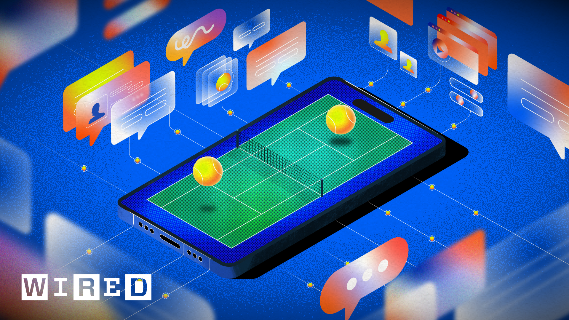 Illustration created for WIRED x IBM showing a tennis match on a smartphone as part of the AI Effect series.