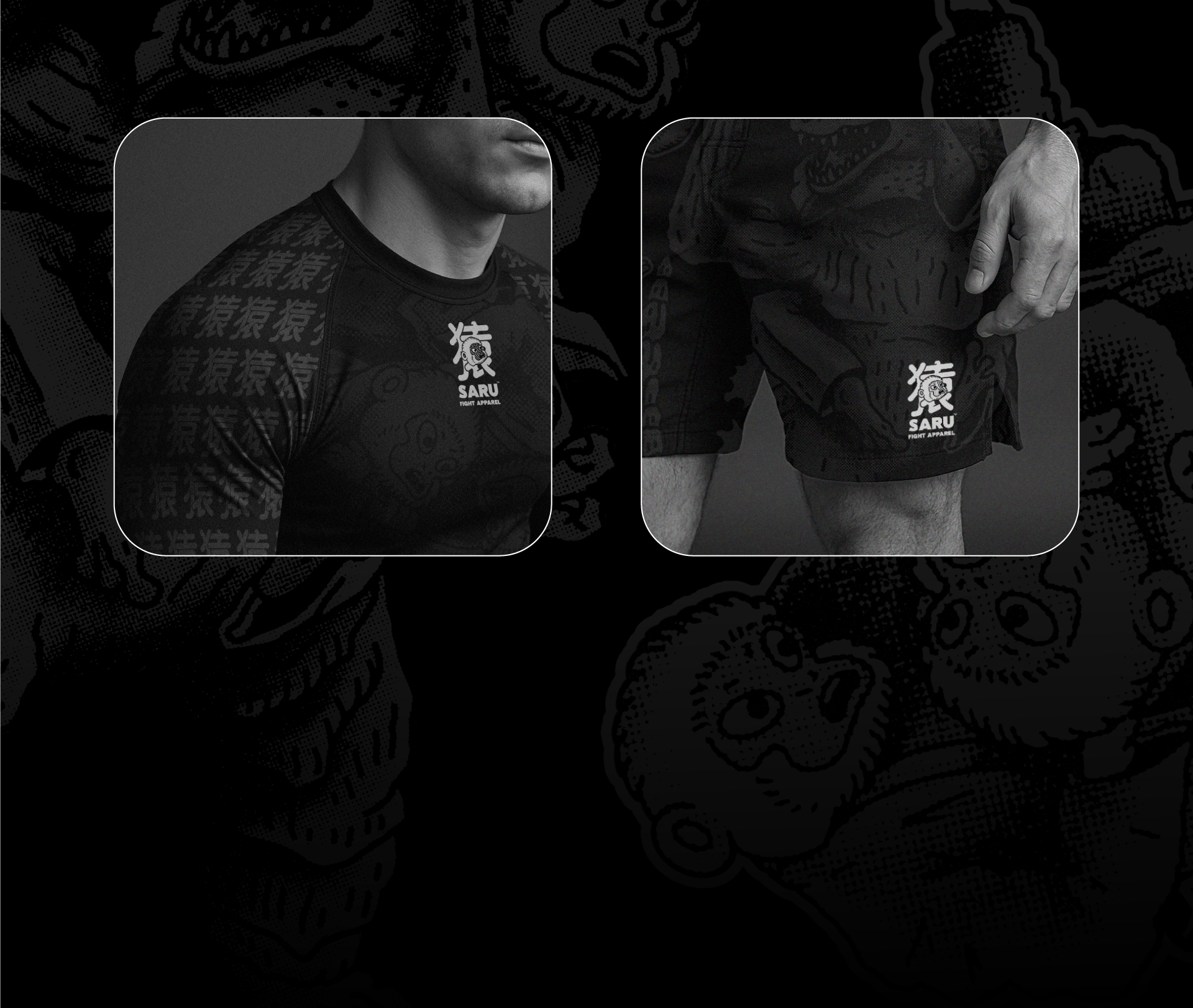 Close-up of a male model wearing a black rash guard with Japanese characters and a cartoon tiger logo on the chest, alongside black shorts with similar tiger graphics and the text 'SARU Fight Apparel'.