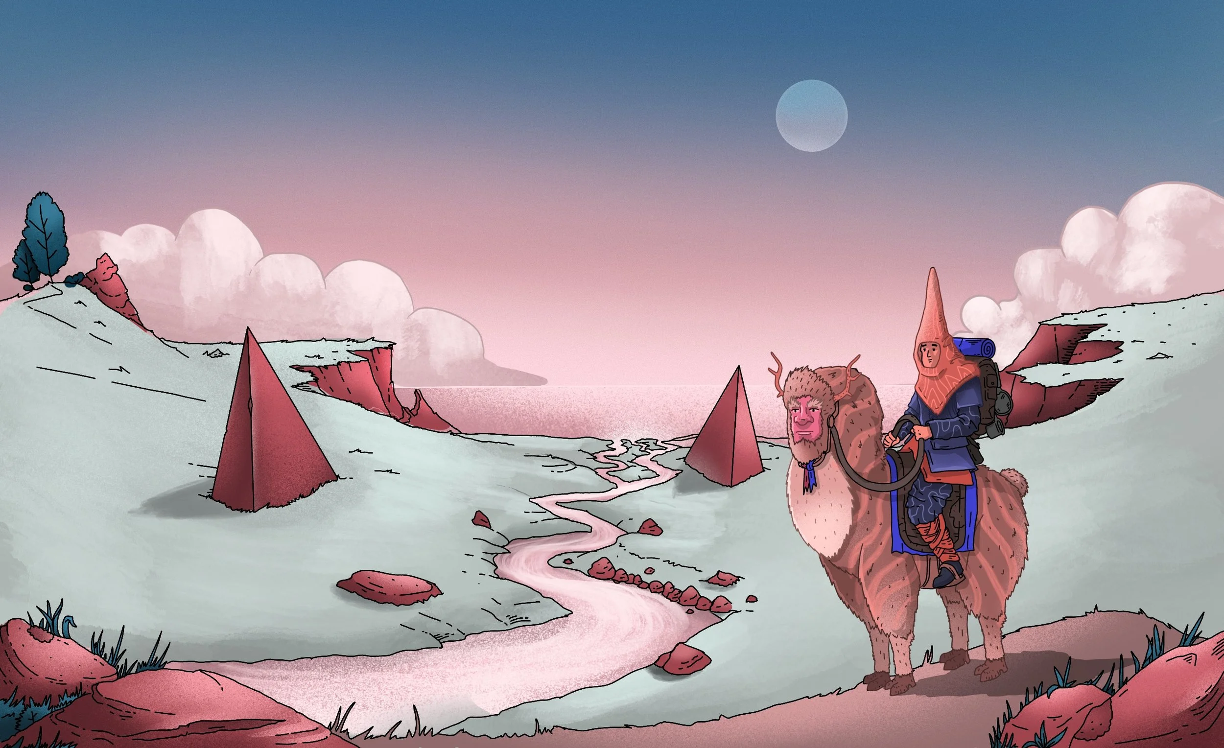 An animated scene of two travelers in a surreal landscape with rolling green hills, pink-tinted clouds, a river flowing through the valley, and a pinkish moon in the sky. One traveler is riding a large, furry, half-human half-lion creature, wearing a pointed red hat and blue clothing, carrying a backpack.