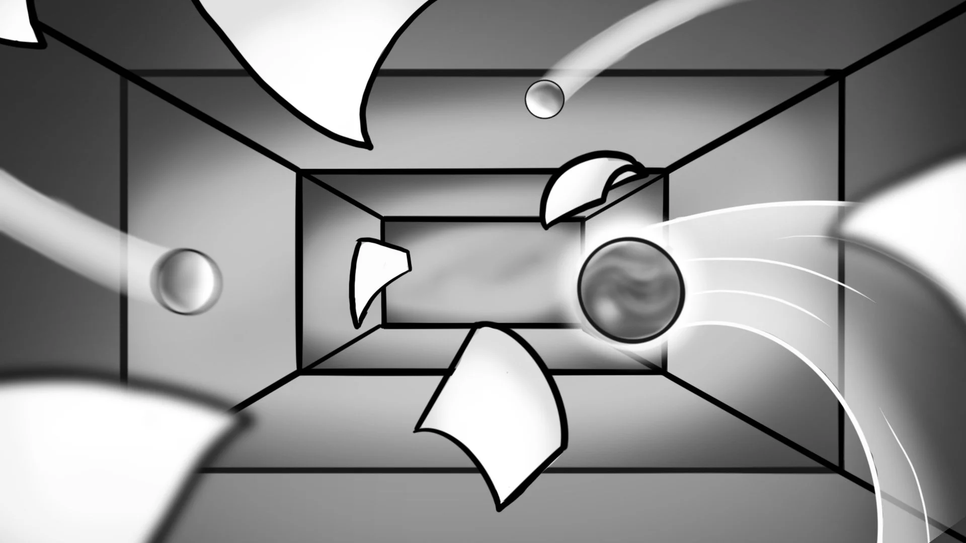 A corridor with debris and flying objects, including broken pieces and balls, in a monochrome style.