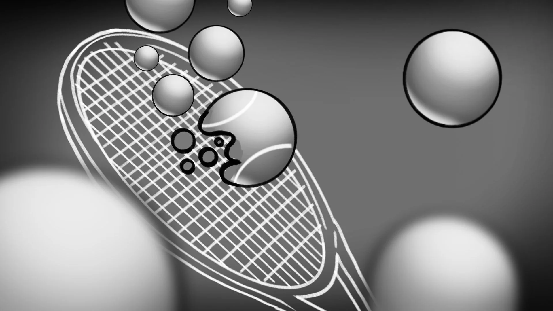 A diagram of a tennis racket with spherical objects floating around it, in grayscale.