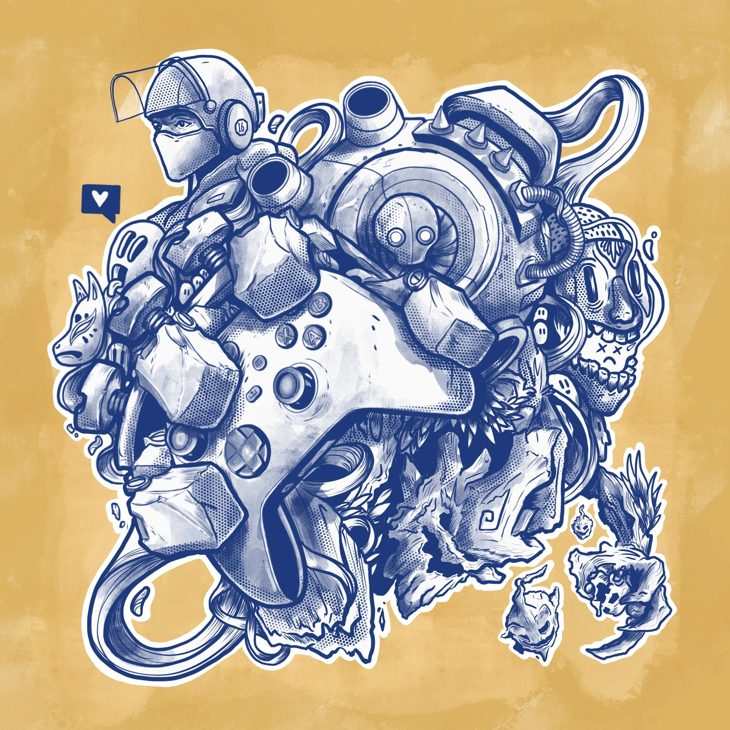 E-sports mural and design illustration created for Red Bull at the H2O esports centre, combining gaming motifs and bold brand graphics.